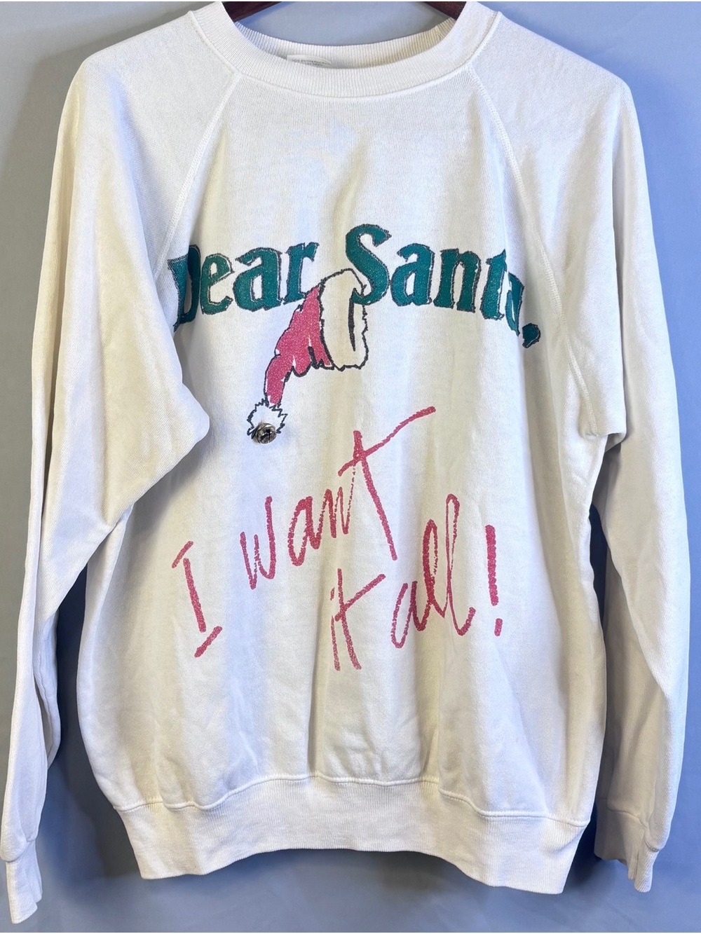 Vintage Hanes White Crewneck Sweatshirt with Green & Pink Holiday Graphic